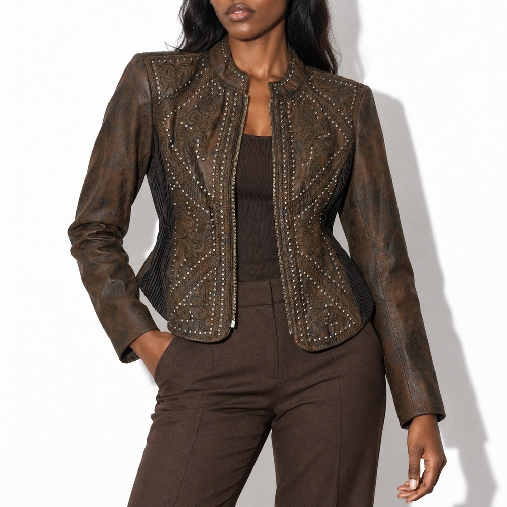 Reba Smocked Western Jacket Womens S Brown Embroidered Studded Zip Faux Leather